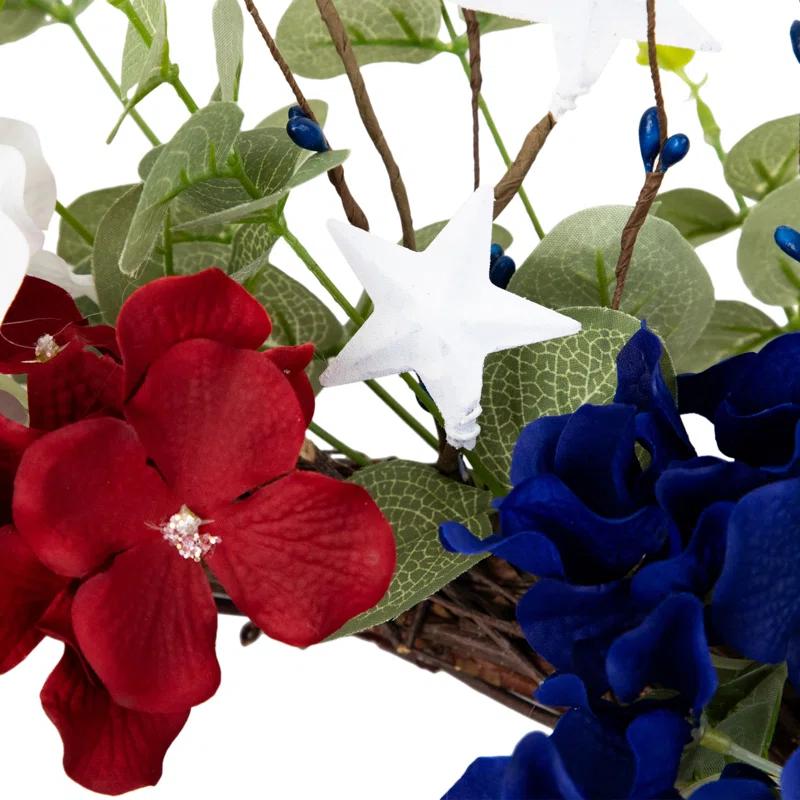 Northlight Seasonal Red white and Blue Hydrangea and Eucalyptus Patriotic Artificial Wreath