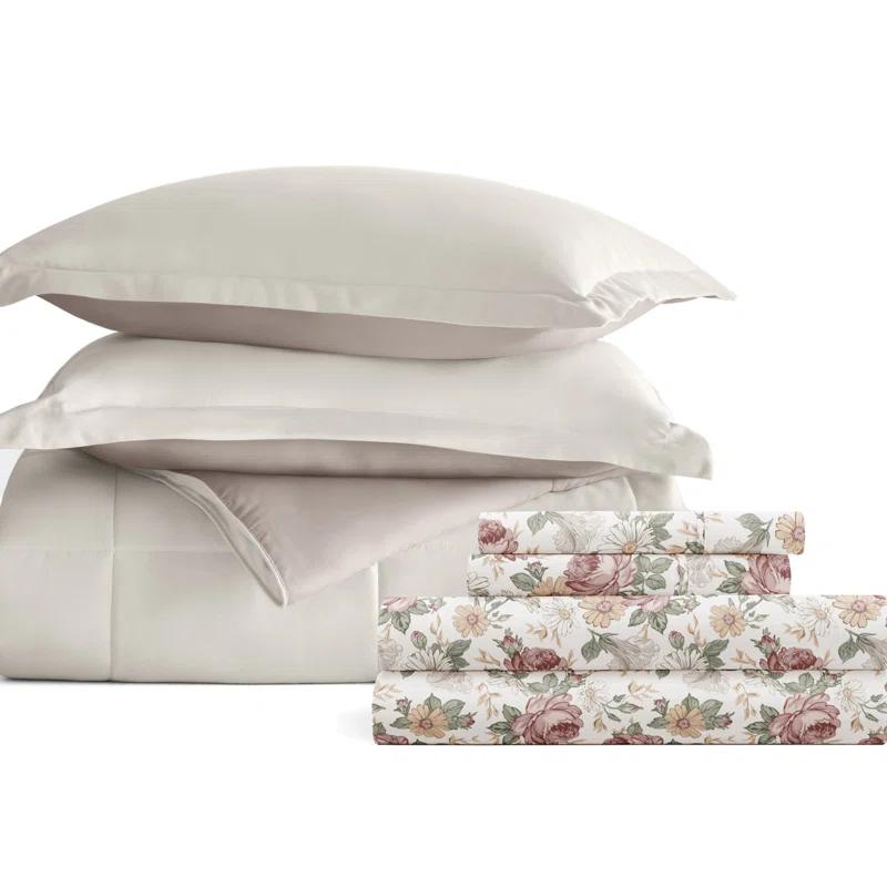 IEnjoy Home 7-Piece Reversible Bedding Bundle - Solid Comforter and Patterned Sheet Set
