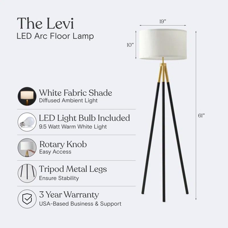 Brightech Levi 61 in. Mid Century Modern Tripod Floor Lamp with Fabric Drum Shade and Gold Finish - LED Bulb Included