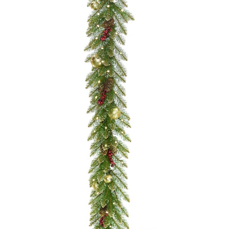 The Holiday Aisle® 9 ft. Glittery Gold Dunhill Fir Garland with Battery Operated LED Lights