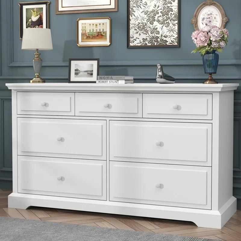 Raydyn 7 Drawers White Double Dressers Chests for Bedroom, Large Storage Dressers Organizer for Bedroom, Long Dresser Tv Stand, Vintage Solid Tall Closet Dressers with Storage for Living Room, Hallway