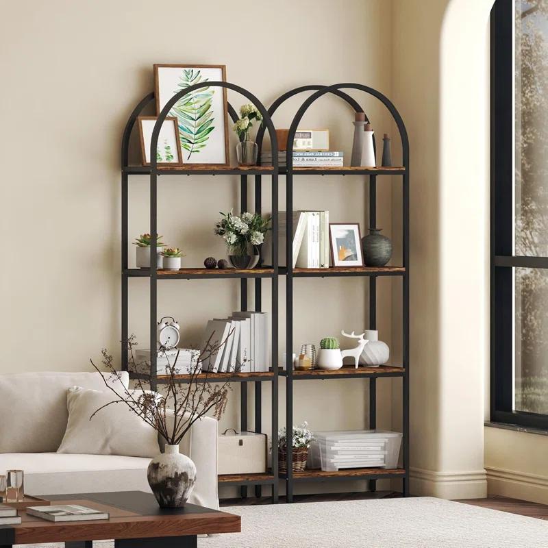 17 Stories Bookshelf Arched Bookcase, Industrial 4-Tier Open Book Shelves with Metal Frame, 72" Tall Bookcase