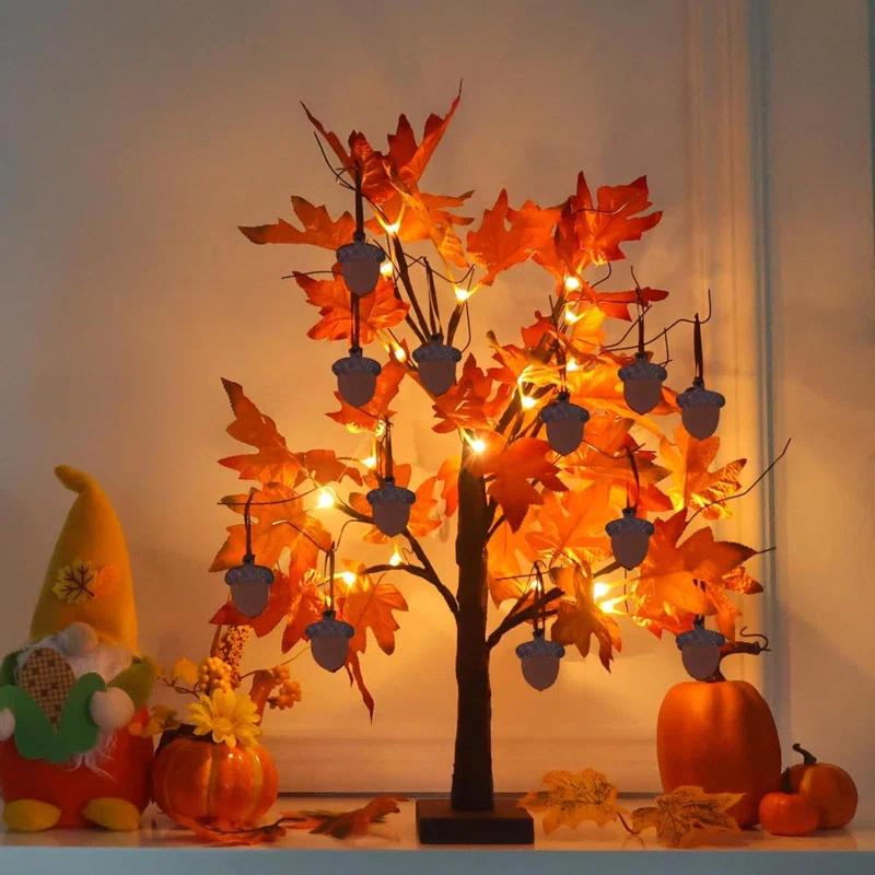 Fall Decorations For Home, 24”/2FT Lighted Fall Maple Leaves Tree With 24LT Warm White Leds For Autumn Decor, 12 Wood Acorns Ornaments Battery Powered Timer For Home Decor, Thanksgiving