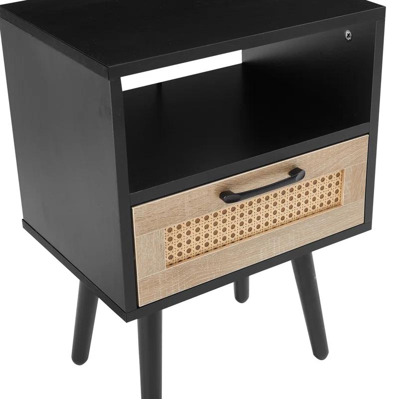 Corrigan Studio® 15.75 Rattan End Table Drawer Solid Wood Legs Modern Nightstand Side Table Living Room Bedroom Black