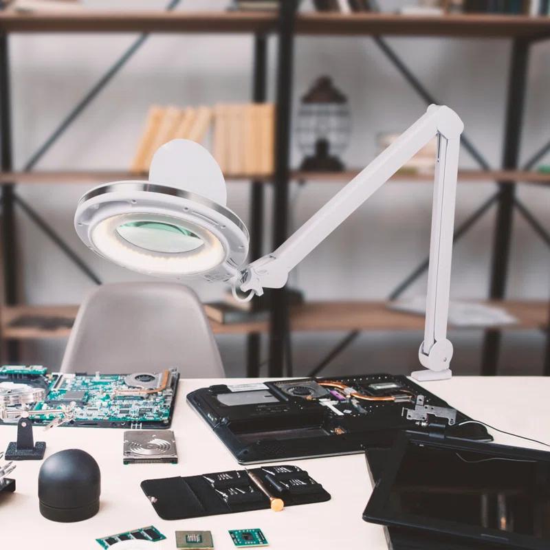 Brightech Lightview Pro 33 in. Adjustable Swing Arm Integrated 2.25X Magnifying Dimmable LED Desk Clamp Lamp