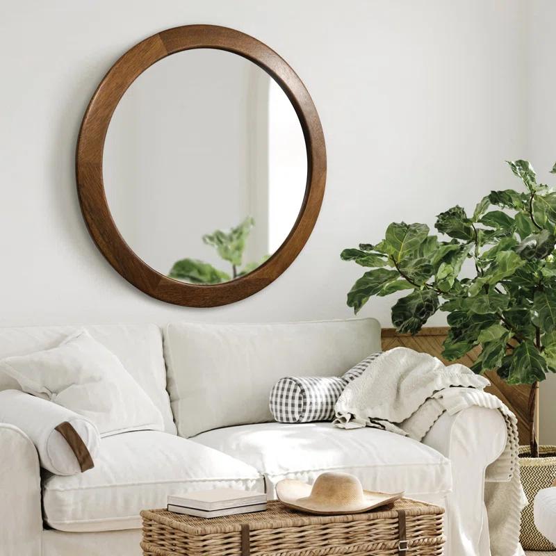 Latitude Run® Round Mirrors 30 Inch,Wood Vanity Wall Rustic Mirror With Walnut Frame, Wooden Mirror For Bathroom Bedroom Living Room Or Entryway(Walnut Brown)