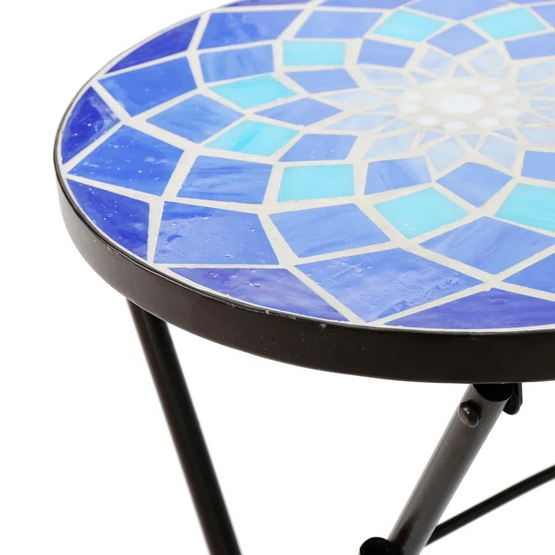 Fleur De Lis Living Folding Blue and White Top Side Table with Iron Frame, Multifunctional Plant or Beverage Stand
