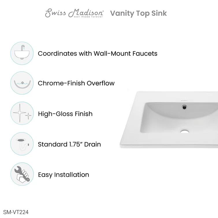 Swiss Madison 18.3 Single Vanity Top with Faucet Holes