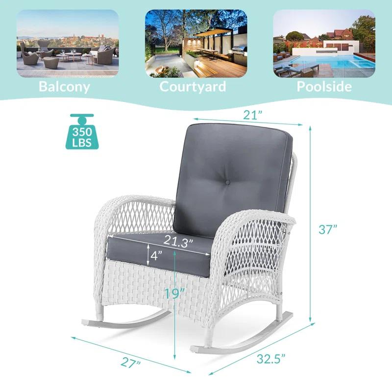 Highland Dunes Highland Dunes Outdoor Wicker Rocking Chair, Rattan Patio Rocker Chairs With Cushions And High Back, All-Weather Patio Wicker Chair With Safe Rocking Design For Garden Backyard Porch, White Wicker