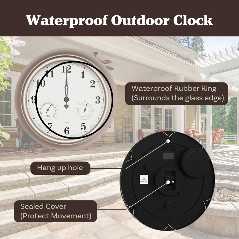 Pure Garden Indoor Outdoor Clock Thermometer Combo - 18-Inch Waterproof Outdoor Wall Clock with Temperature and Humidity by Pure Garden