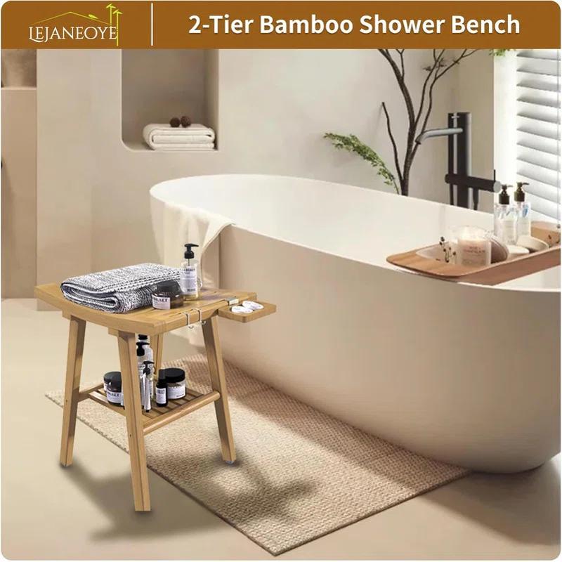 Red Barrel Studio® Bamboo Shower Bench Stool, Shower Chair For Inside Shower With 2-Tier Storage Shelf, Waterproof Shower Seat For Shaving Legs, Spa Bathroom Shower Bench