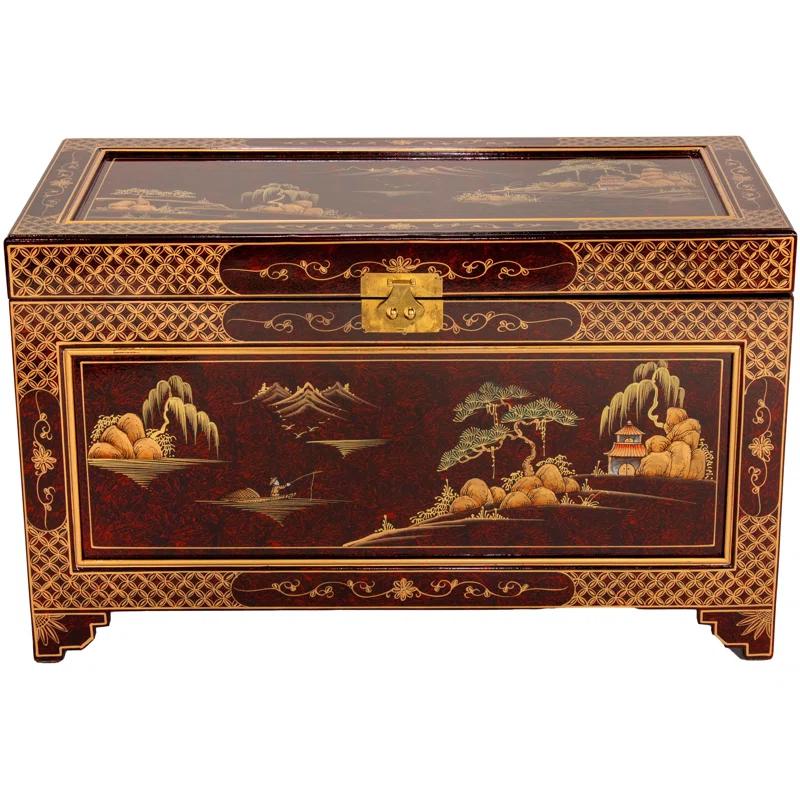 Oriental Furniture Red Lacquer Trunk - Landscape