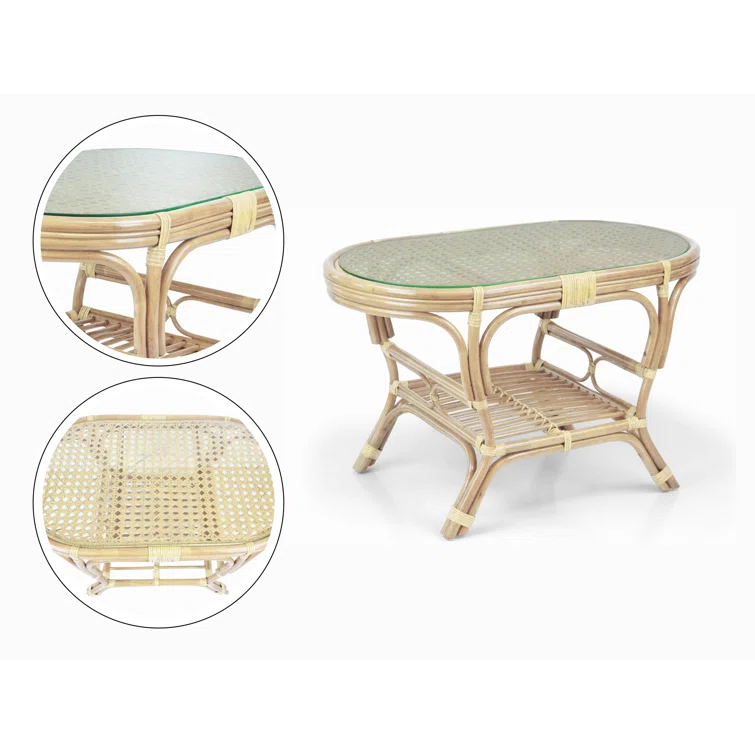 Bay Isle Home™ Malibu Lounge Set Of 4: 2 Natural Rattan Wicker Chairs, Loveseat And Coffee Table W/Glass Handmade, Natural Color