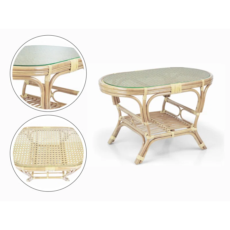 Bay Isle Home™ Malibu Lounge Set Of 4: 2 Natural Rattan Wicker Chairs, Loveseat And Coffee Table W/Glass Handmade, Natural Color