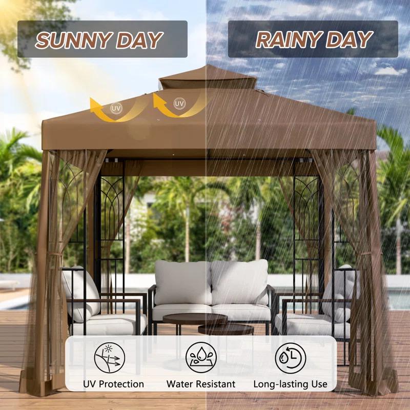 COOS BAY 8 Ft. W x 8 Ft. D Steel Frame Vented Soft Top Patio Gazebo with Mesh Netting, Corner Shelves