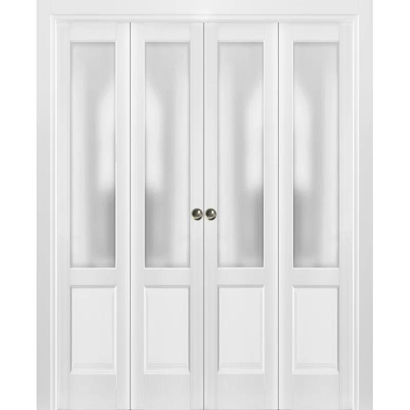 SARTODOORS Sliding Closet Double Bi-Fold Doors | Lucia 22 With Frosted Glass | Sturdy Tracks Moldings Trims Hardware Set | Wood Solid Bedroom Wardrobe Doors