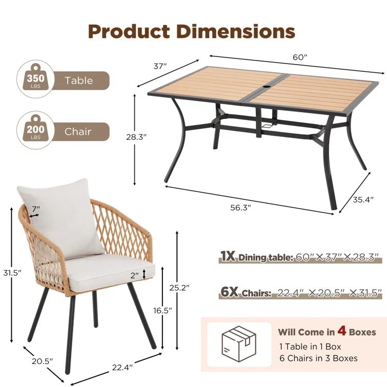 EROMMY 7 Piece Outdoor Dining Table Set, Patio Table And Chairs Set With 6 Rattan Chairs, Rectangular Table With Umbrella Hole, All-weather Patio Furniture For Backyard, Lawn, Garden