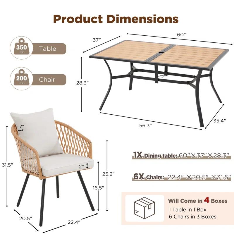EROMMY 7 Piece Outdoor Dining Table Set, Patio Table And Chairs Set With 6 Rattan Chairs, Rectangular Table With Umbrella Hole, All-weather Patio Furniture For Backyard, Lawn, Garden