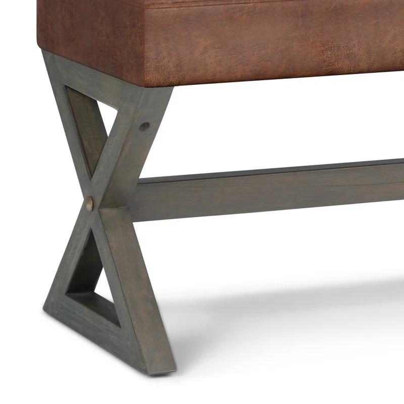 Simpli Home Salinger 48"W Large Ottoman Bench in Distressed Vegan Leather with Solid Wood Frame