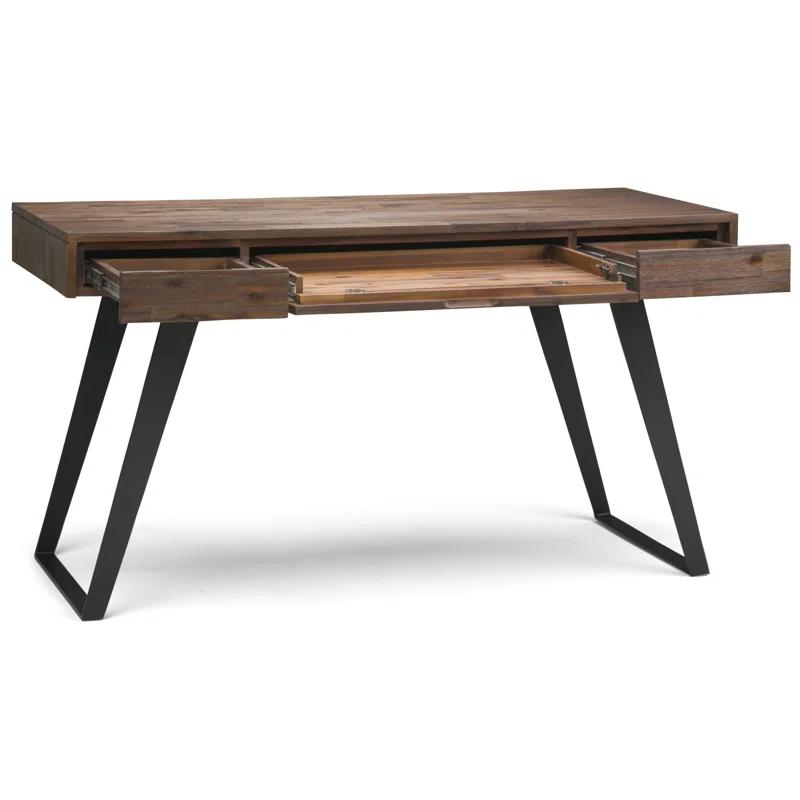 Simpli Home Lowry Solid Acacia Wood Desk, Industrial Style with Keyboard Tray and 2 Drawers