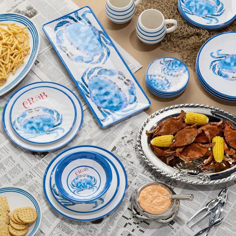 Certified International Beach House Crab 12-Piece Melamine Dinnerware Set – Blue & White Nautical-Themed Plates & Bowls – Shatterproof, Lightweight, and Dishwasher-Safe Coastal Tableware for Indoor & Outdoor Dining