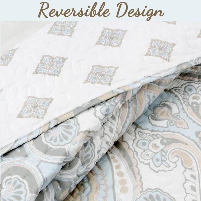 Cozy Line Home Fashion Modern Medallion Sky Blue Tan Gray Brocade Geometric Shapes Quilt Set