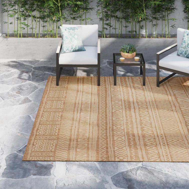 Steelside™ Zac Geometric Indoor/Outdoor Area Rug for Living Room Patio Deck Front Porch Kitchen, Brown/Ivory