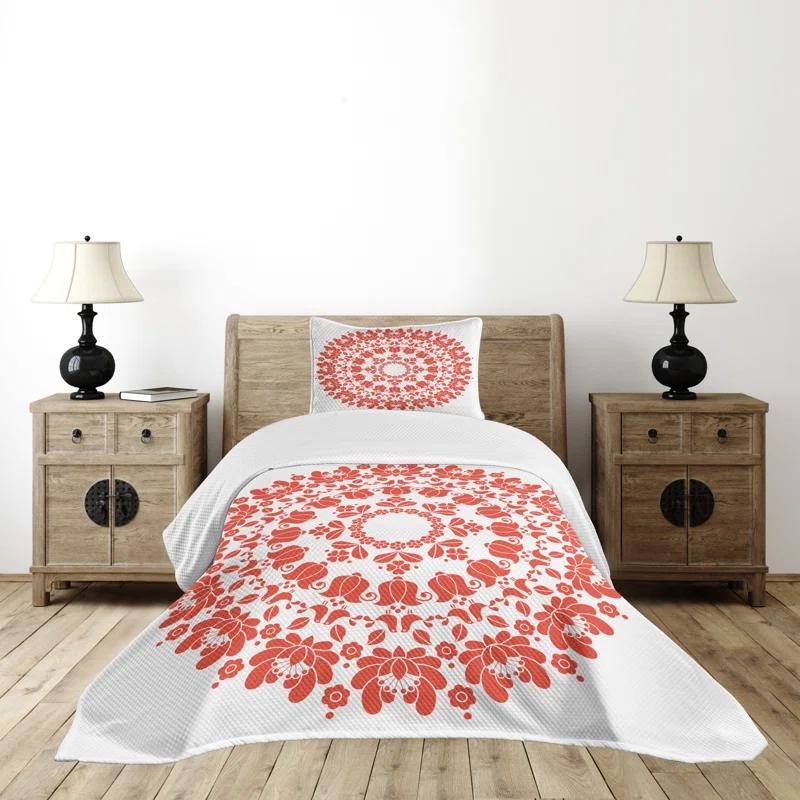 Ambesonne Ambesonne Mandala Bedspread Set Hungarian Round Folk Art White and Vermilion