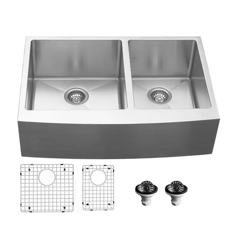 Karran 16-Gauge Stainless Steel 33'' X 22-1/4'' 60/40 Double Bowl Farmhouse Apron Front Sink Kit