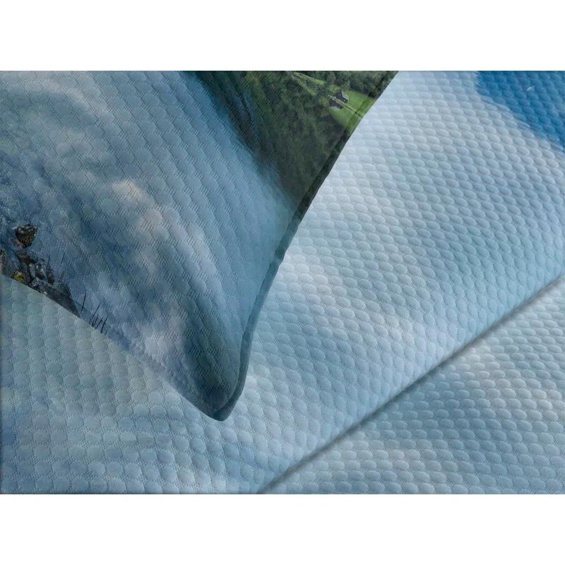 Ambesonne Ambesonne Nature Bedspread Set  Wooden Cabins Norway  Blue Green
