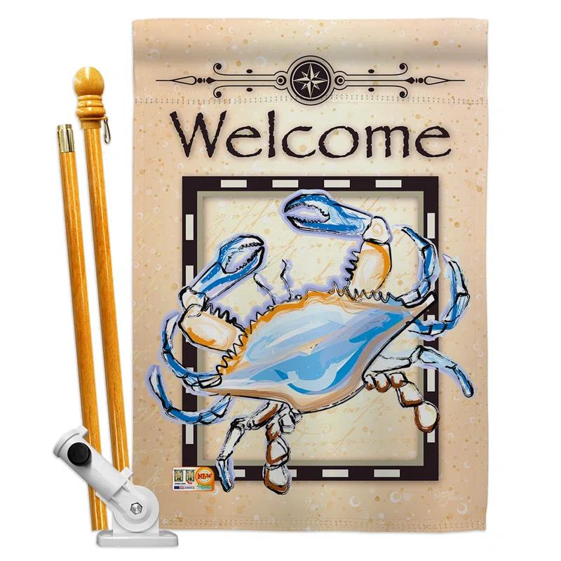 Breeze Decor BD-NA-HS-107028-IP-BO-D-US13-BD 28 x 40 in. Blue Crab Coastal Nautical Impressions Decorative Vertical Double Sided House Flag Set & Pole Bracket Hardware