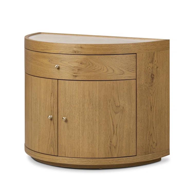 Cream Marble and Oak Veneer Demilune Nightstand with 3 Drawers