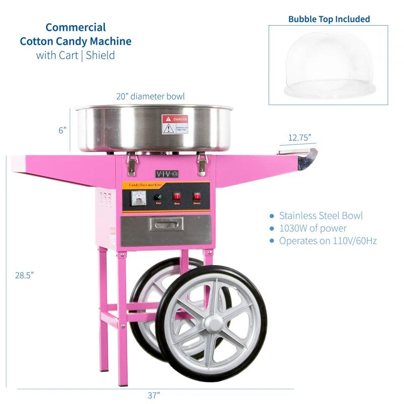 Vivo Electric Commercial Cotton Candy Machine with Cart and Bubble Shield