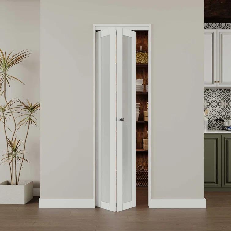 EASELIFE Frosted Glass And Solid Manufactured Wood Bi-Fold Door With Installation Hardware Kit