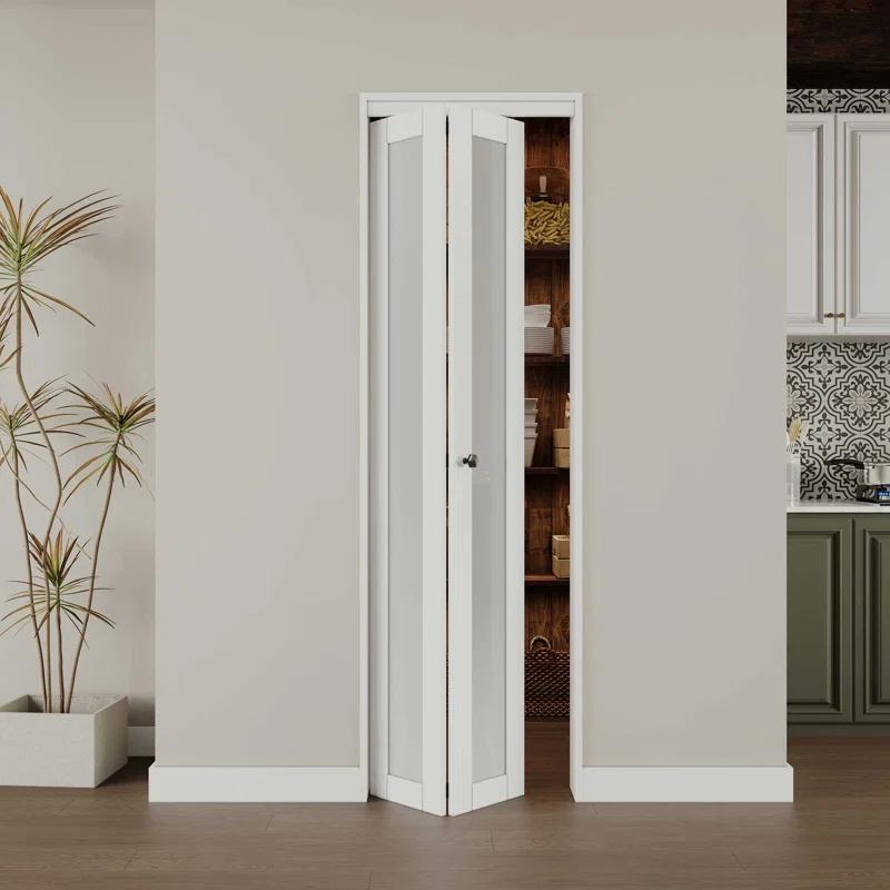EASELIFE Frosted Glass And Solid Manufactured Wood Bi-Fold Door With Installation Hardware Kit