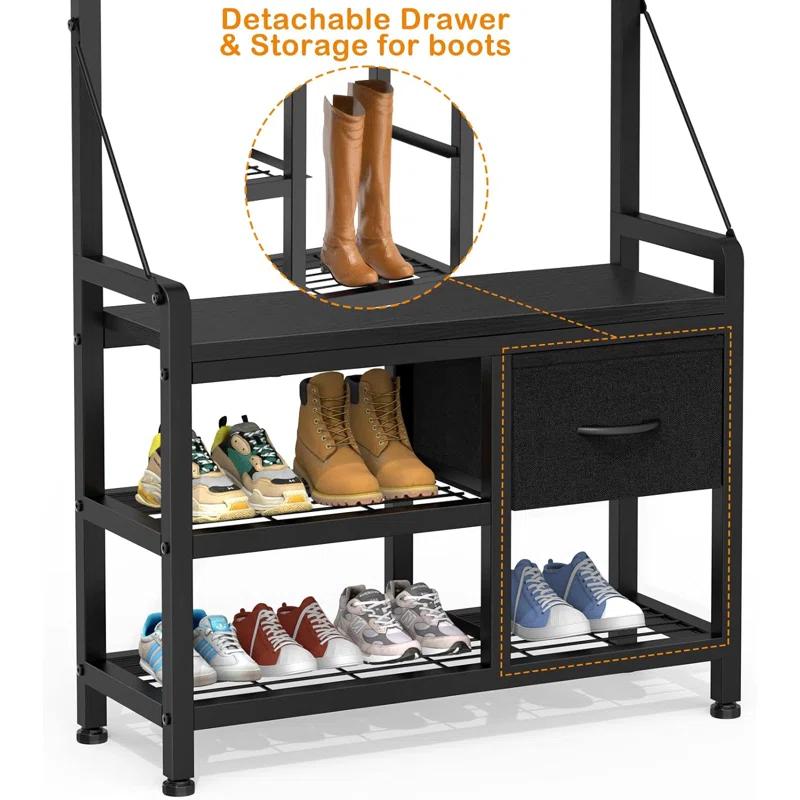 Hall Tree, 31” Entryway Bench with Coat Rack freestanding, 5 in 1 Intelligent Design Shoe Bench