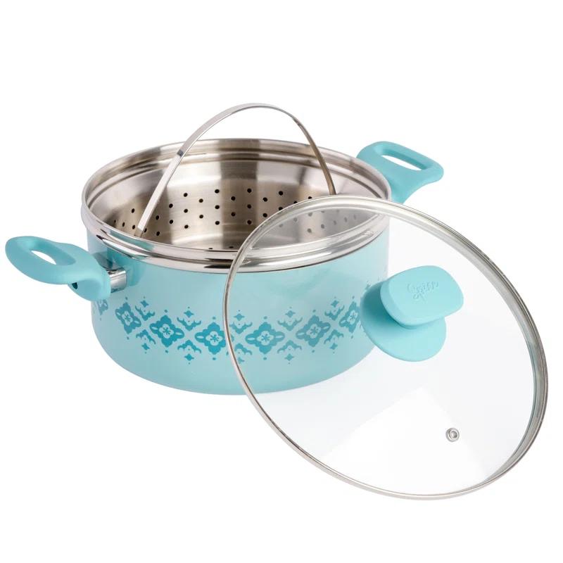 Spice by Tia Mowry Spice By Tia Mowry Savory Saffron Nonstick Ceramic Dutch Oven With Stainless Steel Steamer, 5-Quart, Charcoal, Enamel Exterior, Stay-Cool Handles
