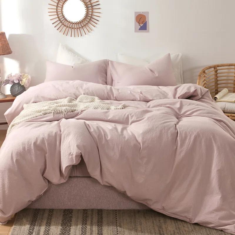 MOOMEE 100% Washed Cotton Linen Like Textured Duvet Cover Set