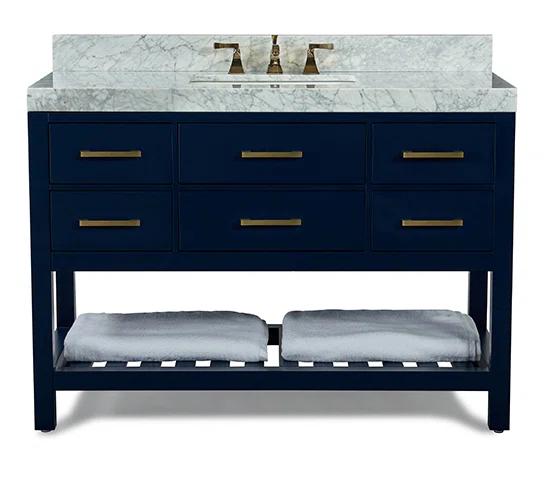 Ancerre Designs Elizabeth 48 in. Bath Vanity Set in White with Italian Carrara White Marble Vanity top and White Undermount Basin with Gold Hardware and 28 in. White Mirror | Perigold