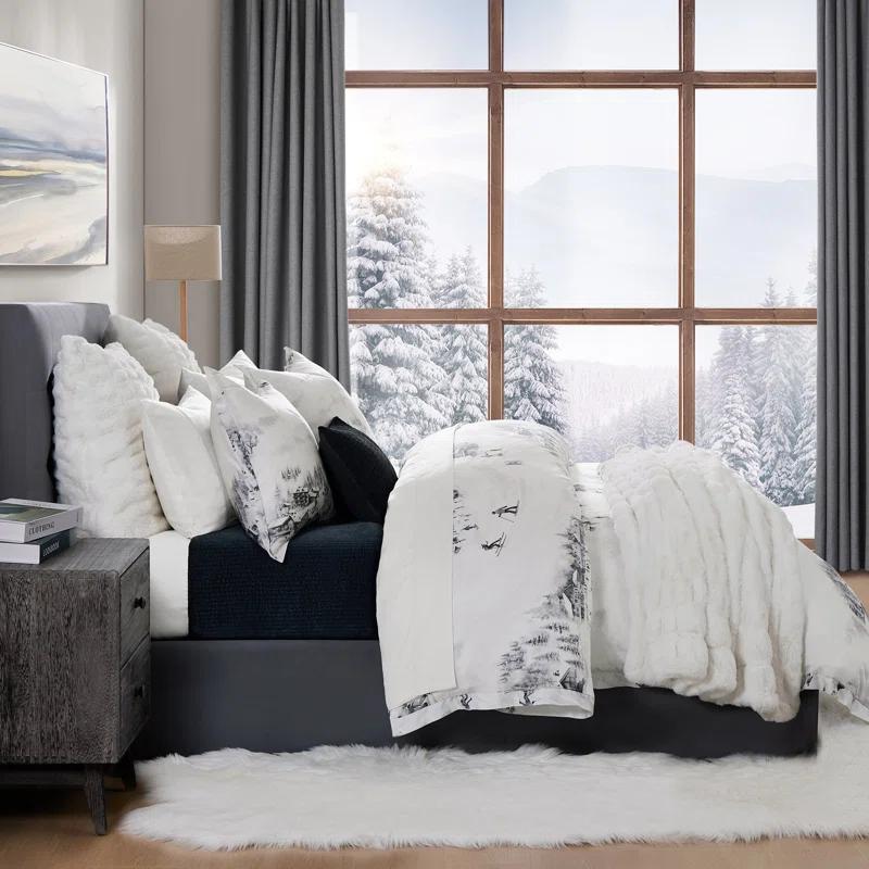 HiEnd Accents Ski Life White Gray Lyocell Ski Season Print Rustic Cabin Lodge Comforter Set