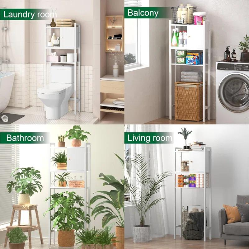 Over-The-Toilet Storage, 3 Tier Bathroom Organizer Shelf, Organizer With Adjustable Shelves And Wooden Cabinet, Multifunctional Over The Toilet Rack, Wood