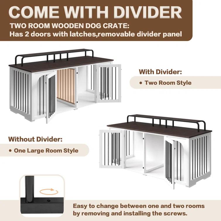 Tucker Murphy Pet™ 74.8" XXL Double Dog Kennel Furniture For Large Breed,Heavy Duty Wooden Dog Crate Cage Furniture Style With Storage Rack And Divider For 2 Dogs Indoor,White & Reviews | Wayfair
