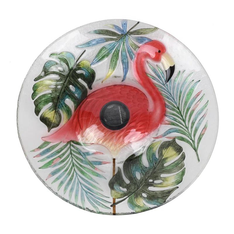 Hi-Line Gift Ltd. Solar LED Verdant Glass Bird Bath with Stand - Flamingo