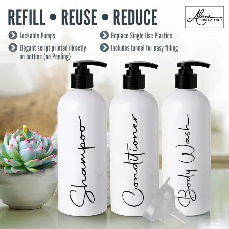 Alora Home Essentials Modern Refillable Shampoo and Conditioner Bottles | 16 Fl oz. | Set of 3