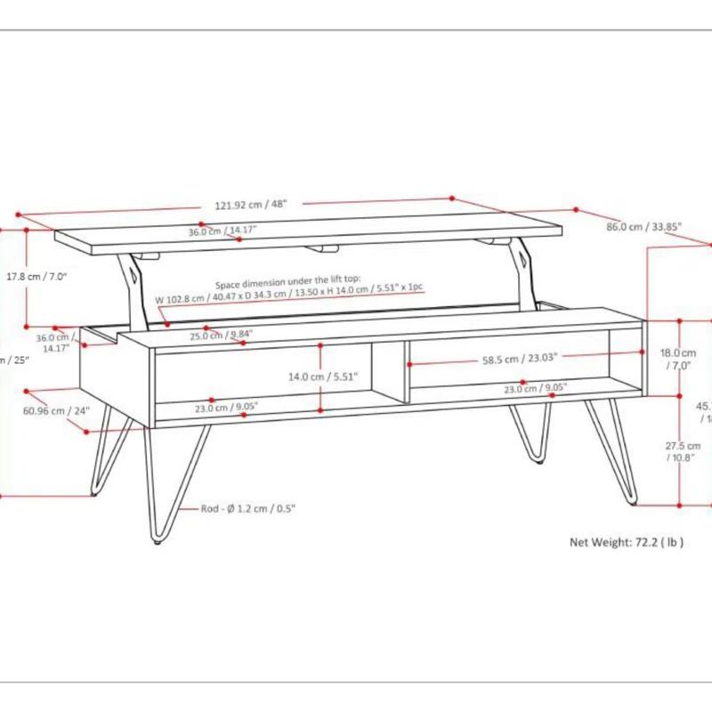 Hunter 48"W Solid Wood Industrial Lift Top Coffee Table with Hidden Storage and Metal Hairpin Legs
