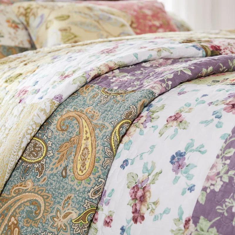 Greenland Home Fashions Blooming Prairie Patchwork Cotton Reversible Quilt Set with Throw Pillows