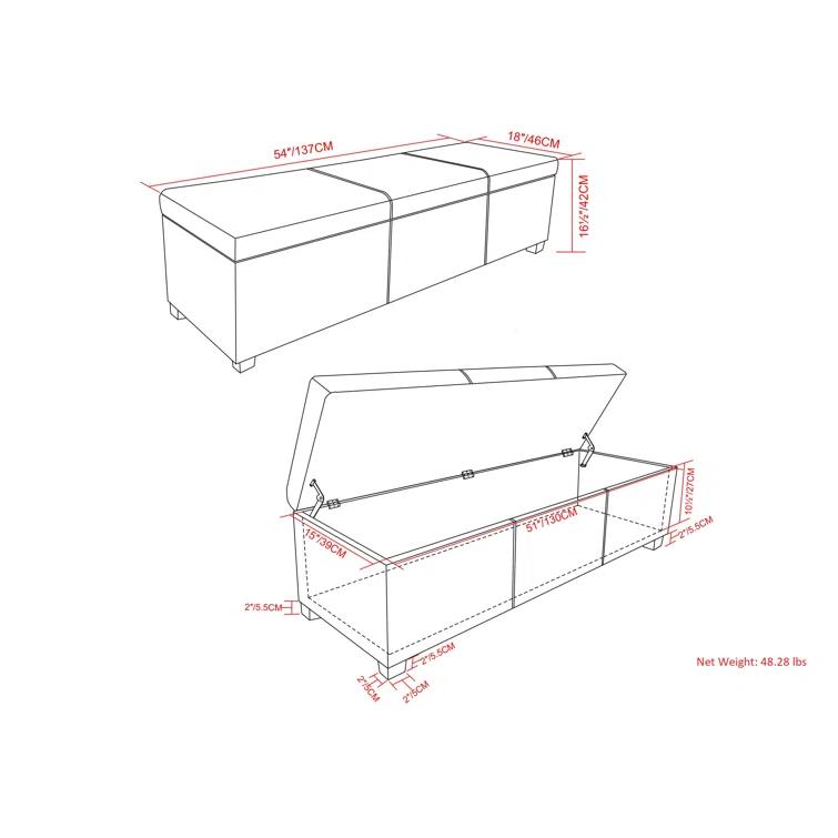 Simpli Home Avalon 54"W Upholstered Storage Ottoman Bench with Interior Storage and Safety Hinges