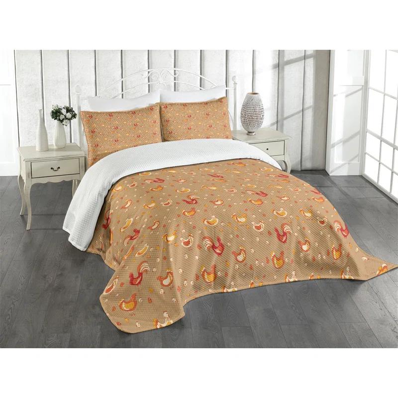 Ambesonne Ambesonne Hen and Chicks Bedspread Set Farm Family Animals Camel Vermilion