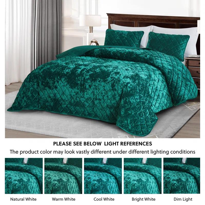 Chezmoi Collection Diamond Stitch Reversible Plush Distressed Velvet Quilt Set