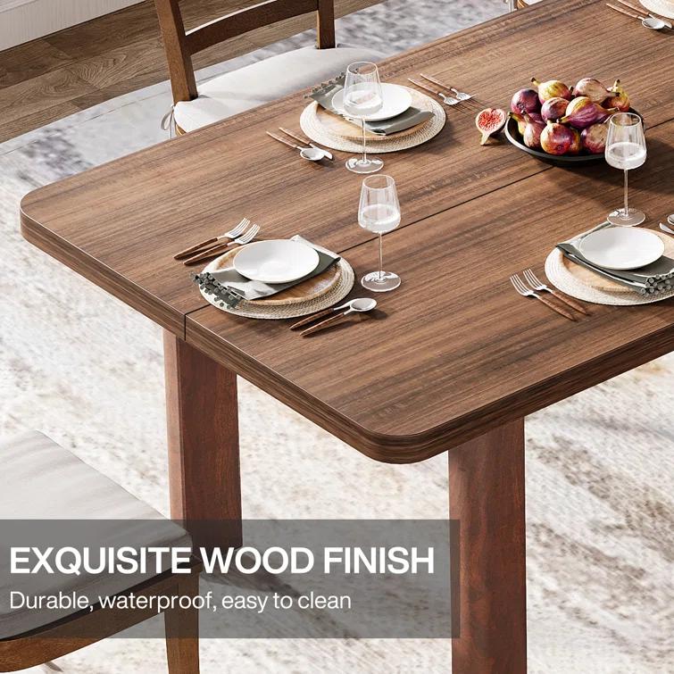Union Rustic Wood Dining Table For 4-6 People, 63 Inch Farmhouse Kitchen Table With Solid Wood Legs